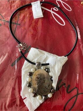 Cameo Pendant Necklace with Black Cord and Pearl Accents